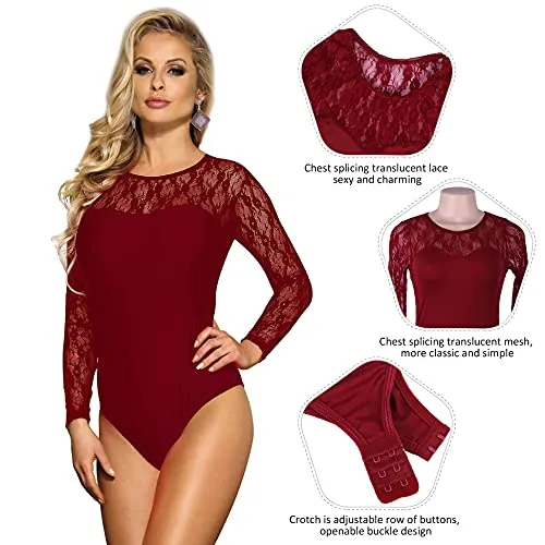Women Lingerie Mesh Lace Long Sleeve Leotard Bodysuit