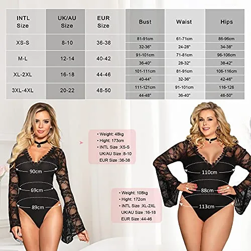 Women Lingerie Mesh Lace Long Sleeve Leotard Bodysuit