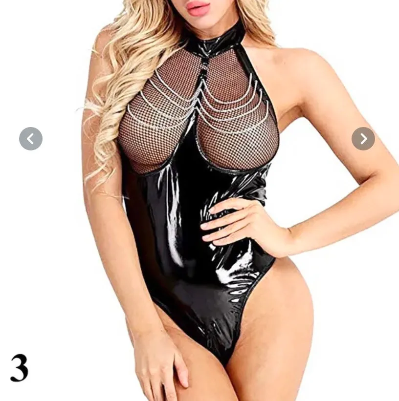 Women Patent Latex halter neck  catsuit mesh body suit Black / Red