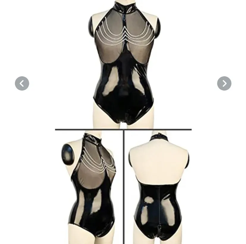 Women Patent Latex halter neck  catsuit mesh body suit Black / Red