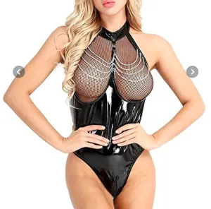 Women Patent Latex halter neck  catsuit mesh body suit Black / Red