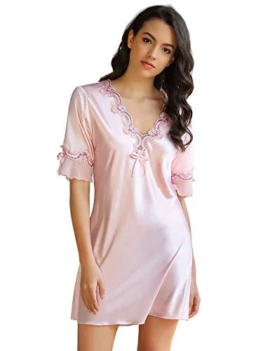 Women Satin Silky half Sleeve Night Gown Dress
