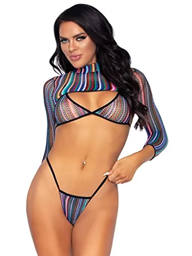 Women's 3 Pc Fishnet Bikini and Crop Top Set Lingerie, Black Rainbow, One Size
