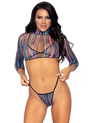 Women's 3 Pc Fishnet Bikini and Crop Top Set Lingerie, Black Rainbow, One Size