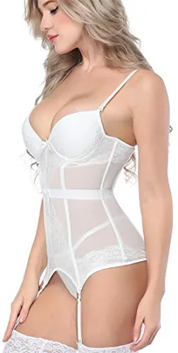 Women's Gothic Punk Corset Set Sexy Lace Costume Faux Leather Bustier Lingerie