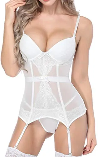 Women's Gothic Punk Corset Set Sexy Lace Costume Faux Leather Bustier Lingerie