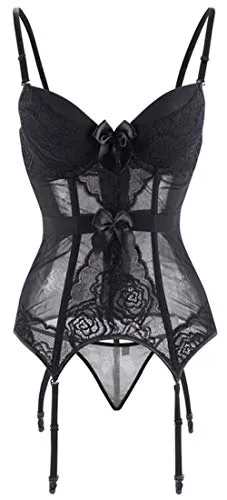 Women's Gothic Punk Corset Set Sexy Lace Costume Faux Leather Bustier Lingerie