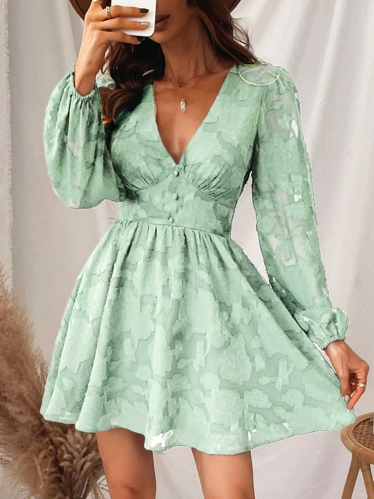 Women's Lace Mini Dress Long Sleeve Floral Print A Line Dress for Party Bodycon Dress Light Blue A XS