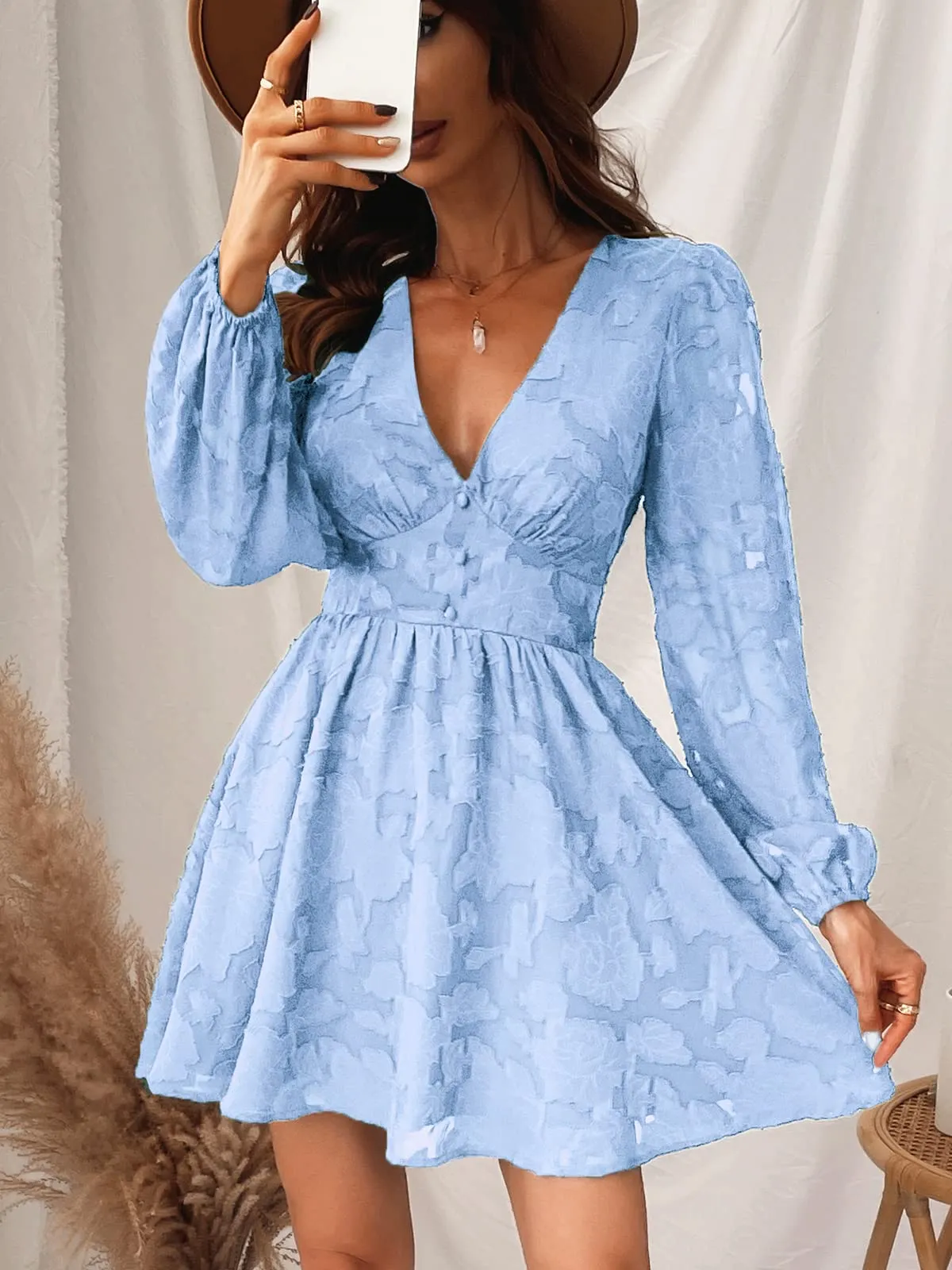 Women's Lace Mini Dress Long Sleeve Floral Print A Line Dress for Party Bodycon Dress Light Blue A XS