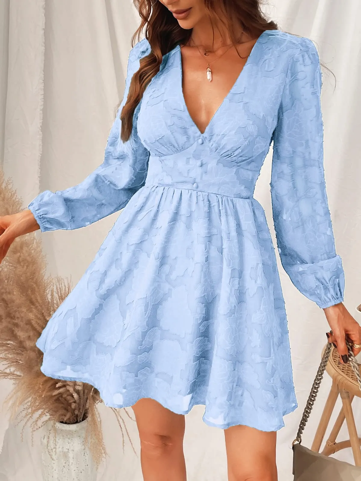Women's Lace Mini Dress Long Sleeve Floral Print A Line Dress for Party Bodycon Dress Light Blue A XS