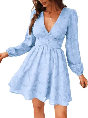 Women's Lace Mini Dress Long Sleeve Floral Print A Line Dress for Party Bodycon Dress Light Blue A XS