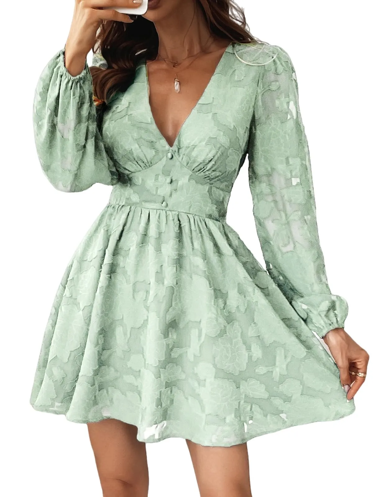 Women's Lace Mini Dress Long Sleeve Floral Print A Line Dress for Party Bodycon Dress Light Blue A XS