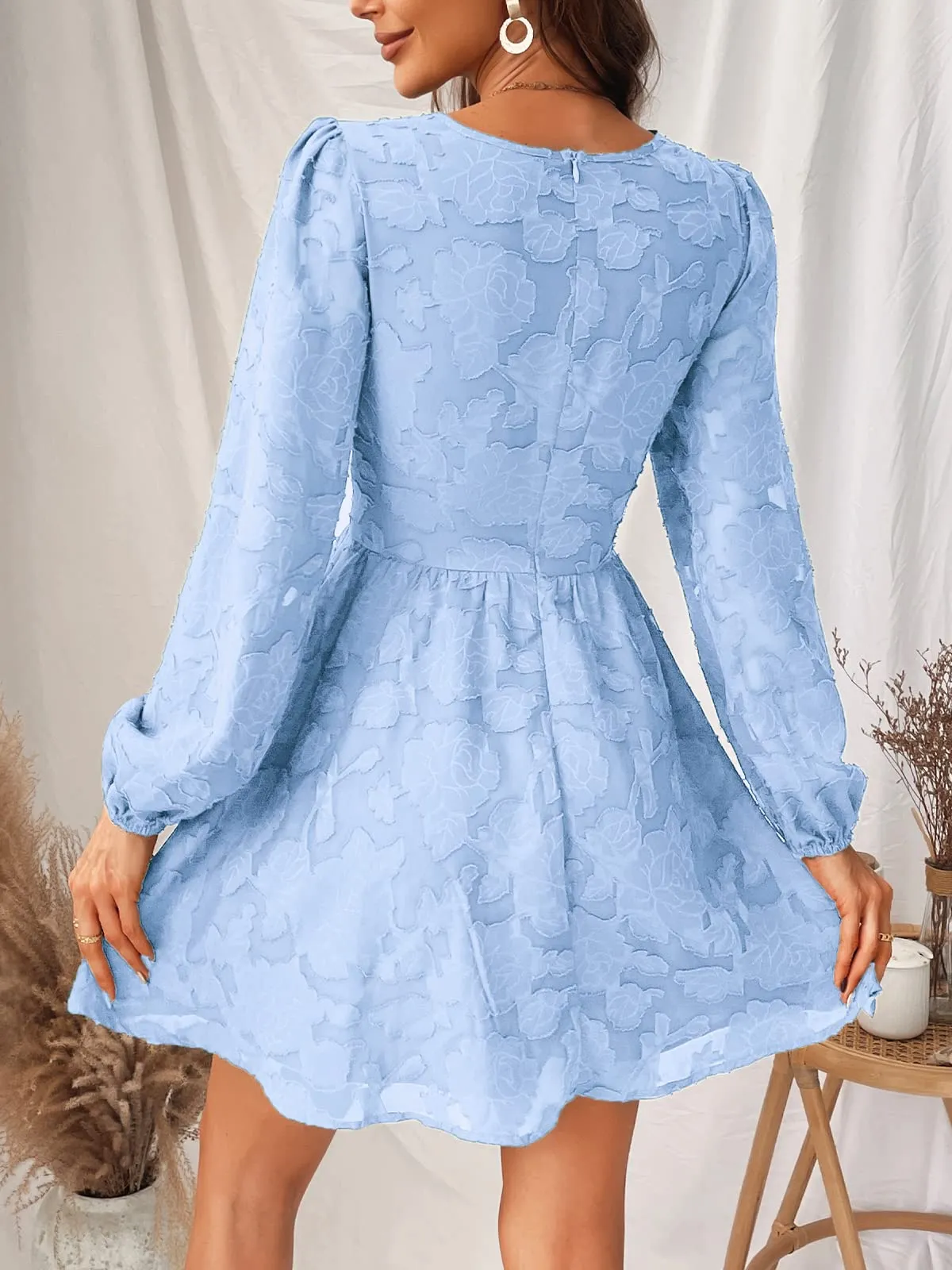 Women's Lace Mini Dress Long Sleeve Floral Print A Line Dress for Party Bodycon Dress Light Blue A XS