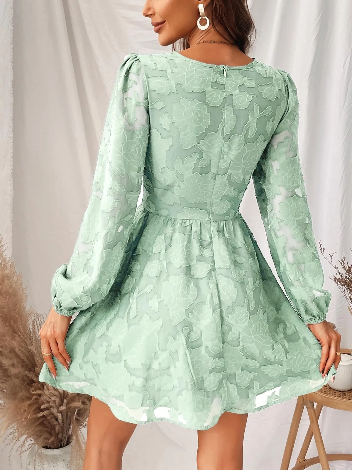 Women's Lace Mini Dress Long Sleeve Floral Print A Line Dress for Party Bodycon Dress Light Blue A XS
