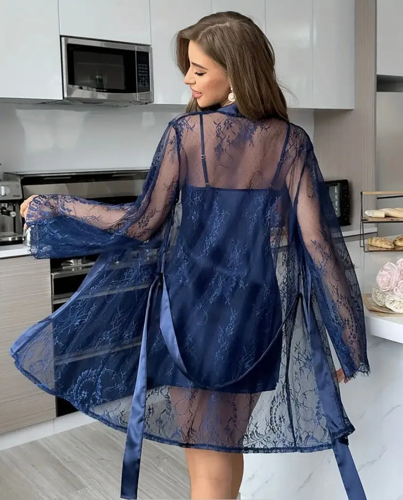 Women's Lingerie set, Lace Hollow Out Long Sleeve Robe with Backless slip on dress