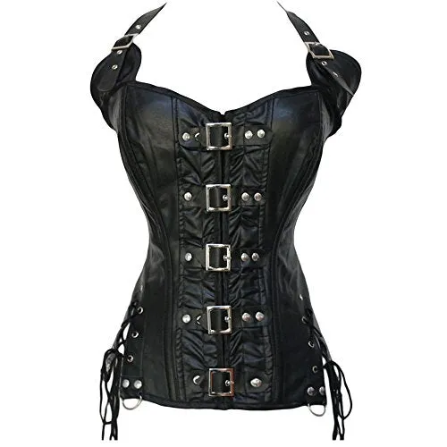 Womens Overbust Corset Faux Leather Dassous Bustier Neck Halter Clubwear Black UK Size 6-8 S