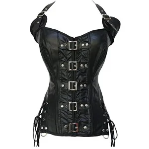 Womens Overbust Corset Faux Leather Dassous Bustier Neck Halter Clubwear Black UK Size 6-8 S