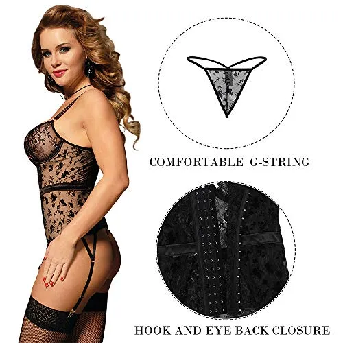 Womens Sexy Lingerie Set Lace Corset Bustier Teddy Bodysuit Babydoll with Suspenders Belt