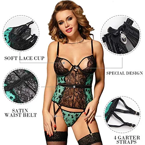 Womens Sexy Lingerie Set Lace Corset Bustier Teddy Bodysuit Babydoll with Suspenders Belt