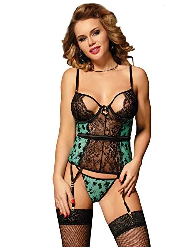 Womens Sexy Lingerie Set Lace Corset Bustier Teddy Bodysuit Babydoll with Suspenders Belt