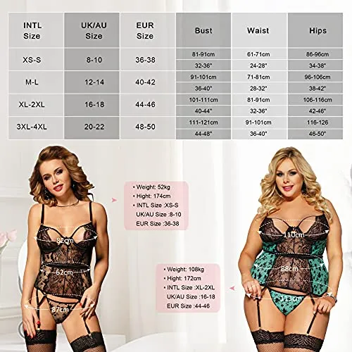 Womens Sexy Lingerie Set Lace Corset Bustier Teddy Bodysuit Babydoll with Suspenders Belt