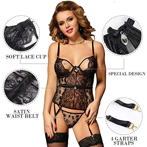 Womens Sexy Lingerie Set Lace Corset Bustier Teddy Bodysuit Babydoll with Suspenders Belt