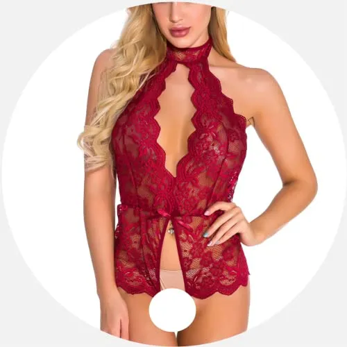 Women's Sexy Lingerie,Naughty Lace Halter Bodysuit,One Piece Teddy Babydoll Negligees,Transparent Deep V Neck Underwear,Sleepwear for Cosplay Costume Valentine's Day
