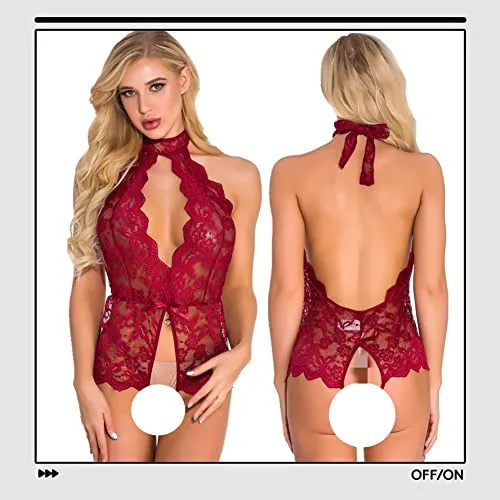 Women's Sexy Lingerie,Naughty Lace Halter Bodysuit,One Piece Teddy Babydoll Negligees,Transparent Deep V Neck Underwear,Sleepwear for Cosplay Costume Valentine's Day
