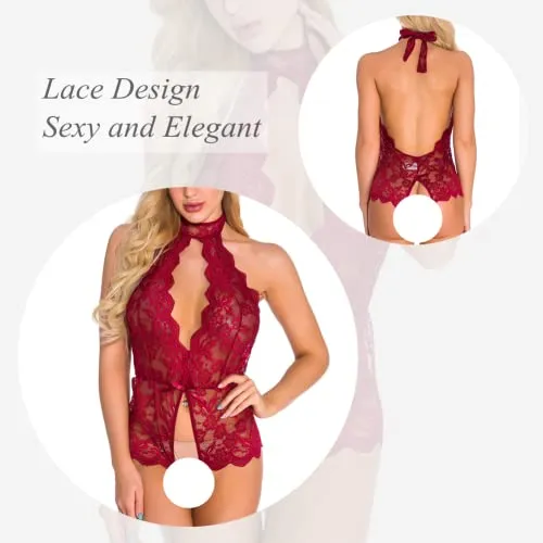 Women's Sexy Lingerie,Naughty Lace Halter Bodysuit,One Piece Teddy Babydoll Negligees,Transparent Deep V Neck Underwear,Sleepwear for Cosplay Costume Valentine's Day
