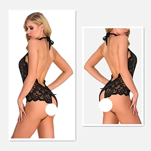 Women's Sexy Lingerie,Naughty Lace Halter Bodysuit,One Piece Teddy Babydoll Negligees,Transparent Deep V Neck Underwear,Sleepwear for Cosplay Costume Valentine's Day
