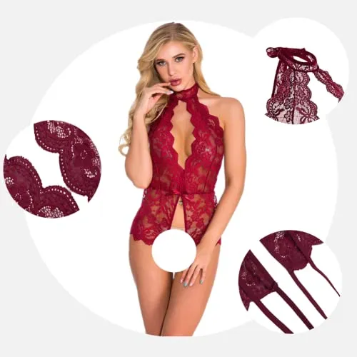 Women's Sexy Lingerie,Naughty Lace Halter Bodysuit,One Piece Teddy Babydoll Negligees,Transparent Deep V Neck Underwear,Sleepwear for Cosplay Costume Valentine's Day