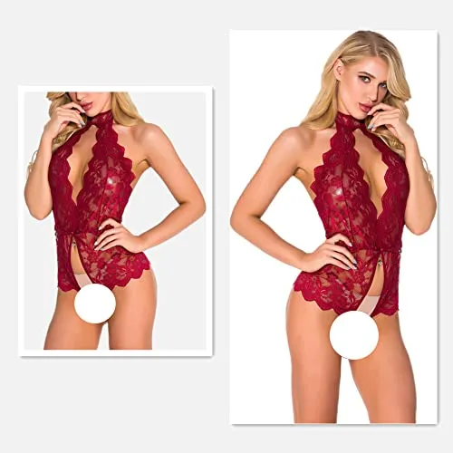 Women's Sexy Lingerie,Naughty Lace Halter Bodysuit,One Piece Teddy Babydoll Negligees,Transparent Deep V Neck Underwear,Sleepwear for Cosplay Costume Valentine's Day