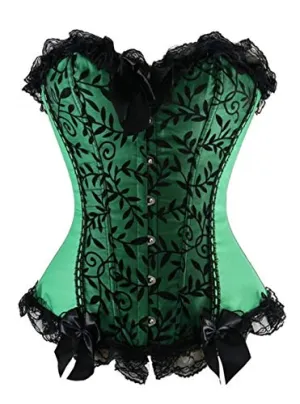Women's Sexy Satin/Brocade Waist Cincher Lace up Boned Basque Corset Bustier top Size 6-24 (14-16, Green)