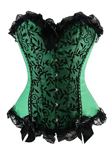 Women's Sexy Satin/Brocade Waist Cincher Lace up Boned Basque Corset Bustier top Size 6-24 (14-16, Green)