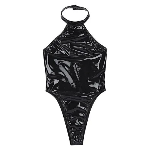 Women's Shiny Metallic PVC Leather High Cut Thongs Leotard One Piece Halter Bodysuit