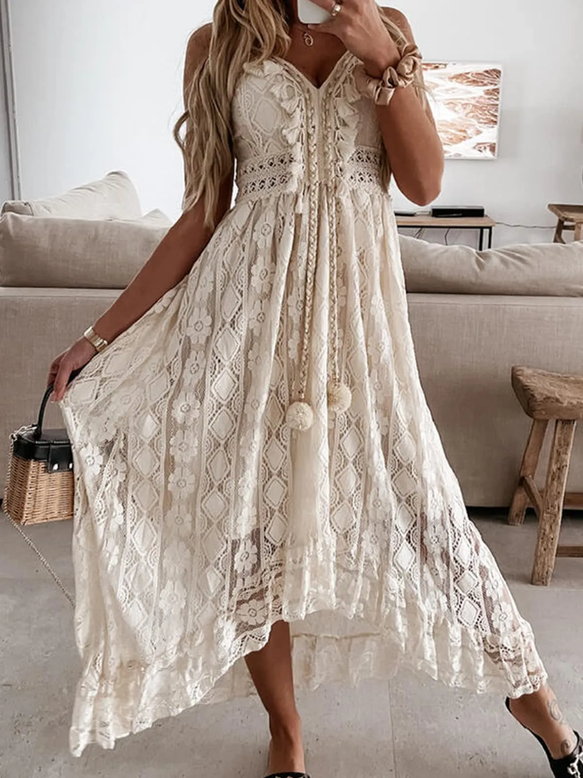 Women's Summer Slip Boho Maxi Dress Lace Up Tassel V-Neck Flare Ruffle Beach Dresses White M