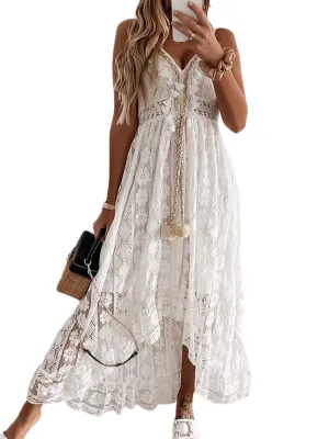 Women's Summer Slip Boho Maxi Dress Lace Up Tassel V-Neck Flare Ruffle Beach Dresses White M
