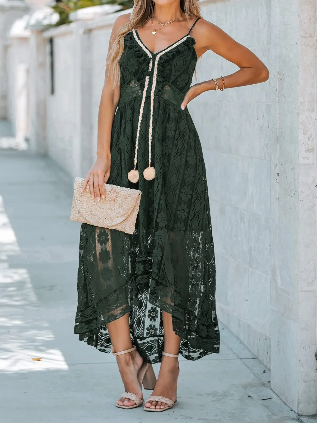 Women's Summer Slip Boho Maxi Dress Lace Up Tassel V-Neck Flare Ruffle Beach Dresses White M