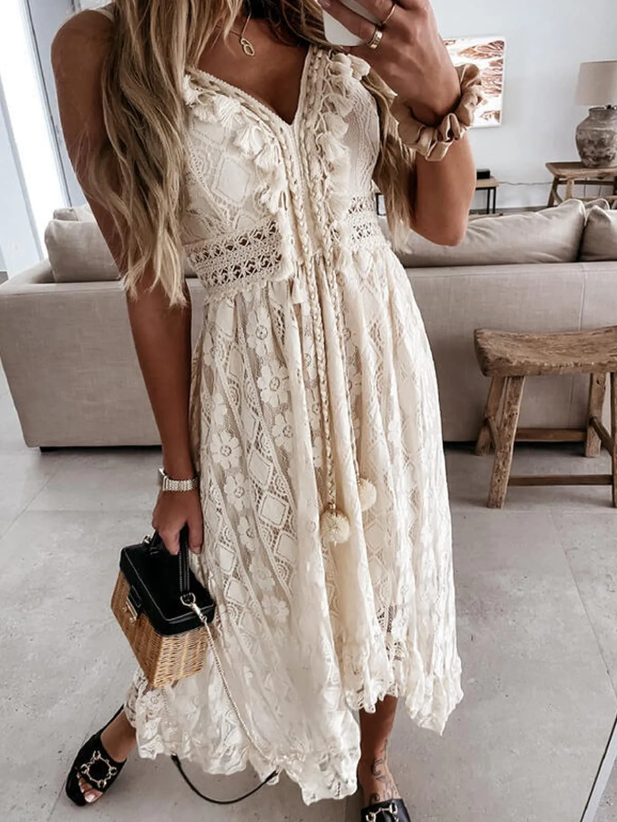 Women's Summer Slip Boho Maxi Dress Lace Up Tassel V-Neck Flare Ruffle Beach Dresses White M