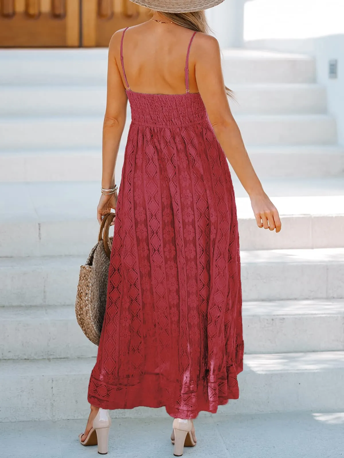 Women's Summer Slip Boho Maxi Dress Lace Up Tassel V-Neck Flare Ruffle Beach Dresses White M