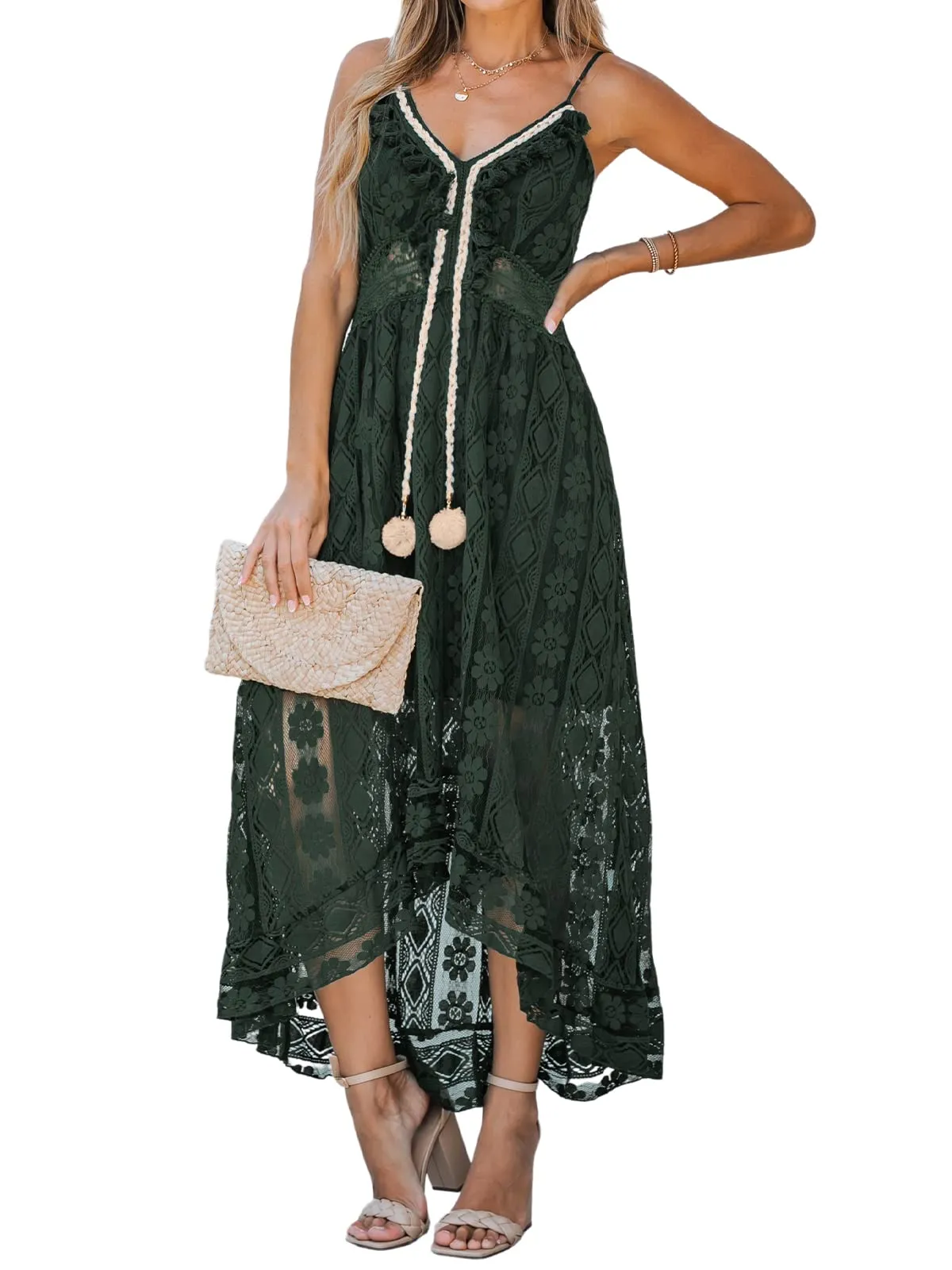 Women's Summer Slip Boho Maxi Dress Lace Up Tassel V-Neck Flare Ruffle Beach Dresses White M