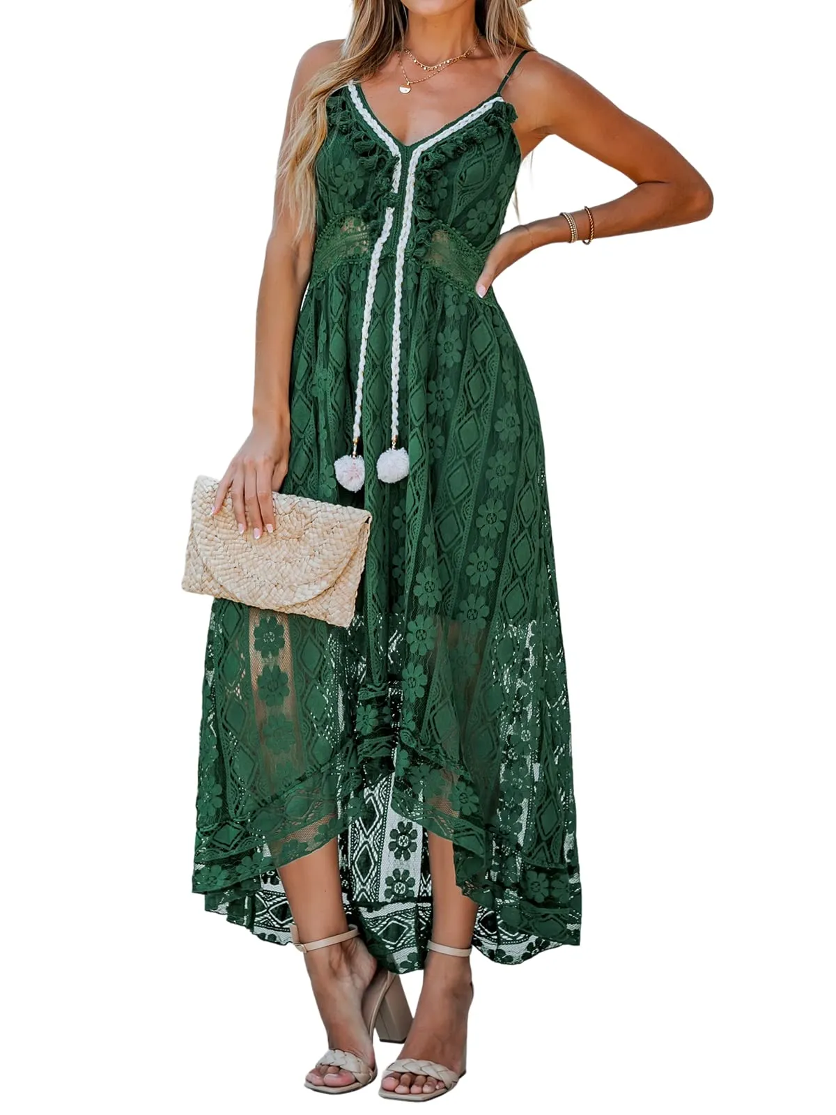 Women's Summer Slip Boho Maxi Dress Lace Up Tassel V-Neck Flare Ruffle Beach Dresses White M