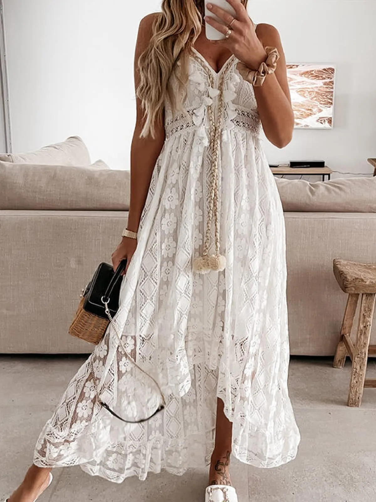 Women's Summer Slip Boho Maxi Dress Lace Up Tassel V-Neck Flare Ruffle Beach Dresses White M
