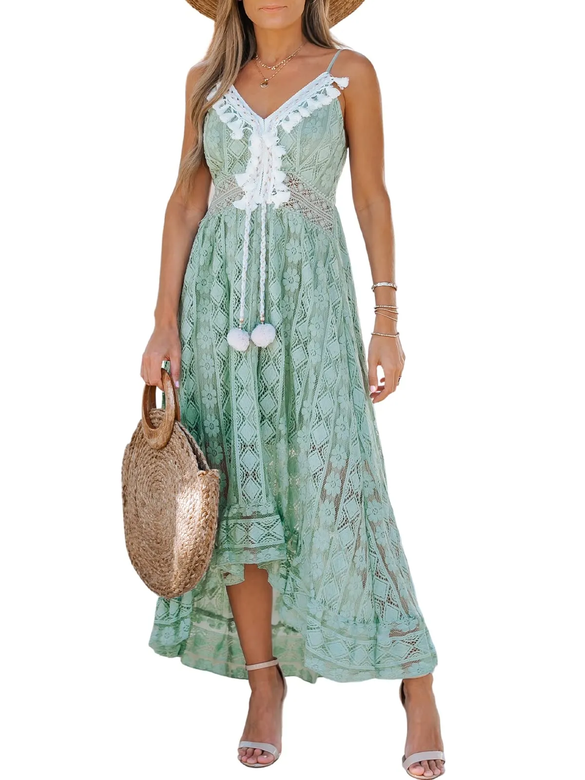 Women's Summer Slip Boho Maxi Dress Lace Up Tassel V-Neck Flare Ruffle Beach Dresses White M
