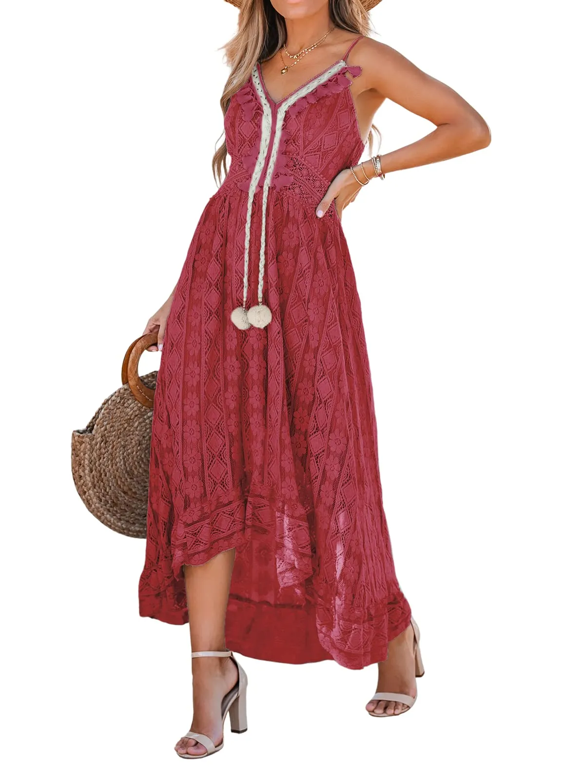 Women's Summer Slip Boho Maxi Dress Lace Up Tassel V-Neck Flare Ruffle Beach Dresses White M