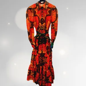 xmas parties printed Chiffon long dress- Brown Bright Orange